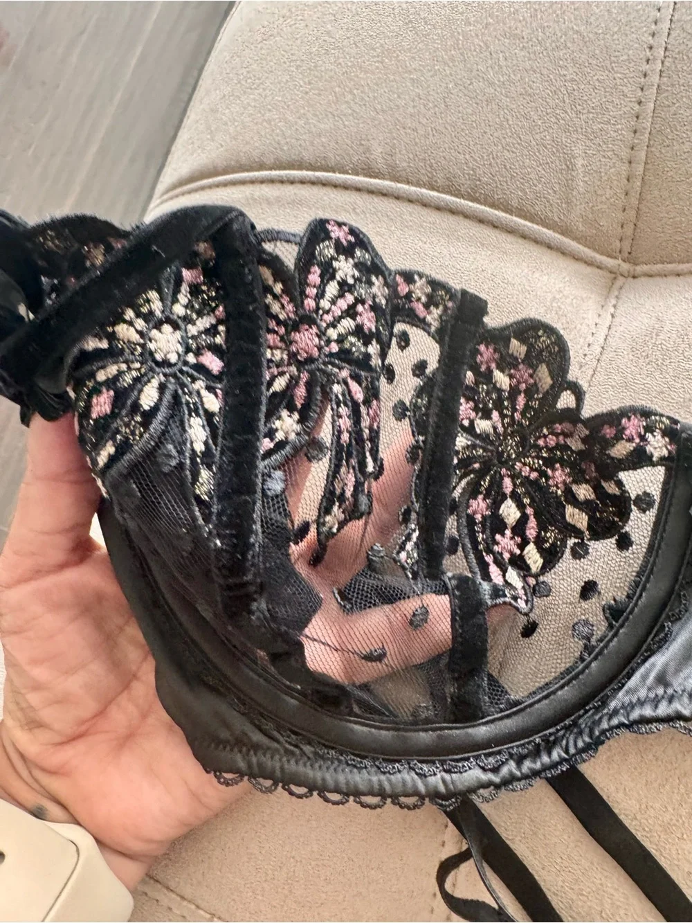For Love And Lemons Black Sheer Floral Embroidered Underwire Bra & Thong